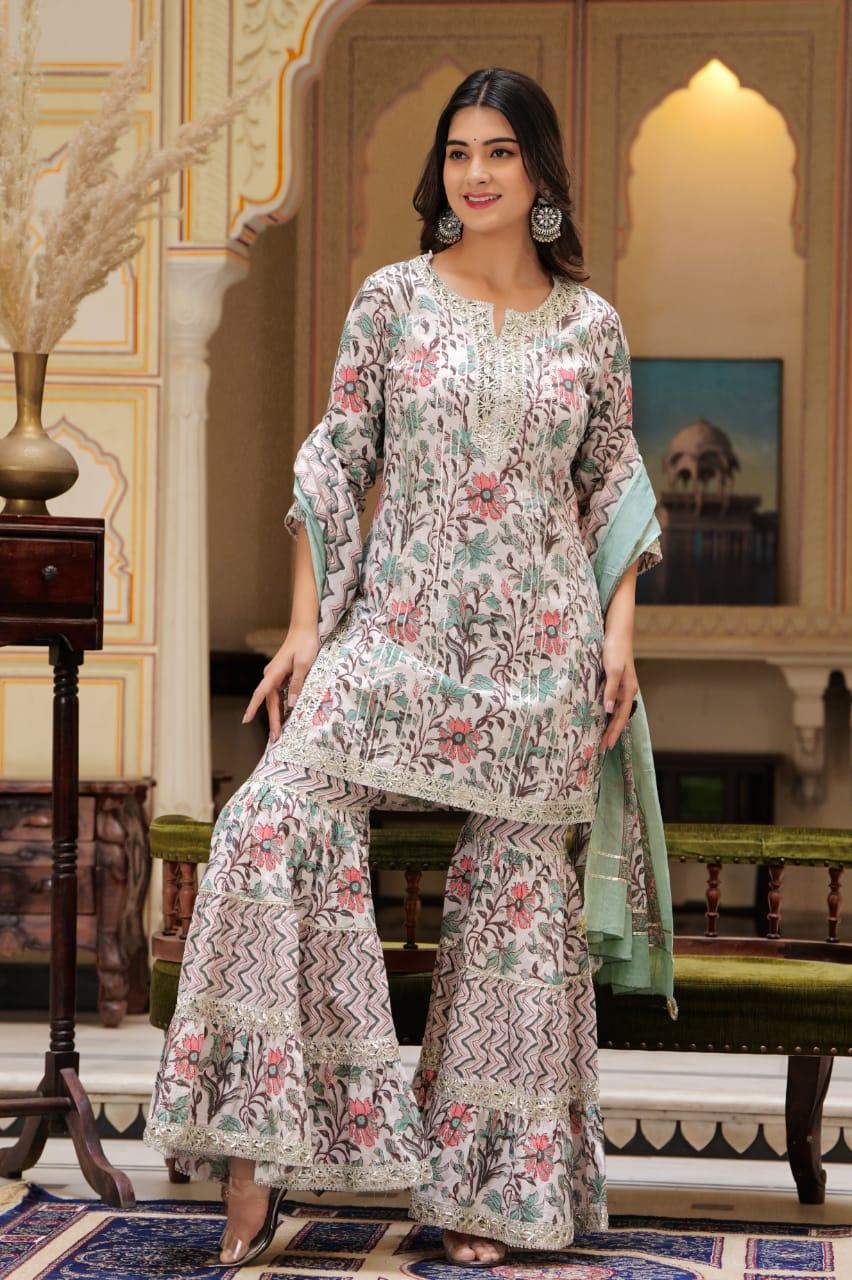 Floral Print Kurti Pure Cotton With Shararas-Saubhagya Fashion