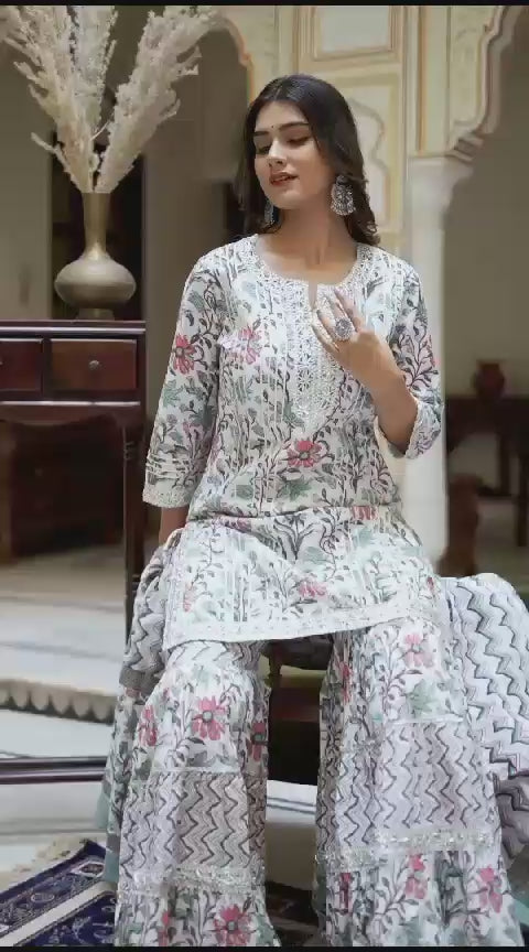 Floral Print Kurti Pure Cotton With Shararas